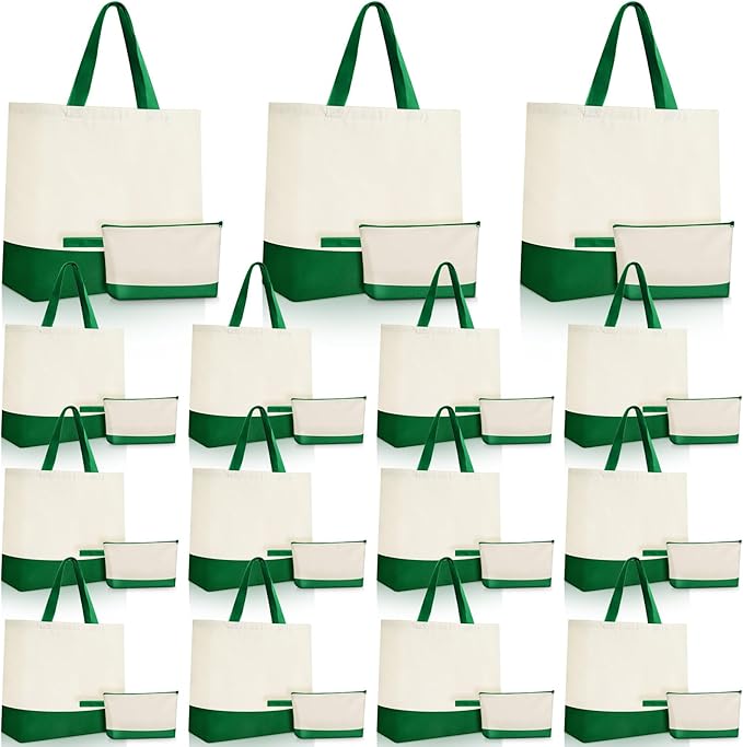 Sanwuta Canvas Tote Bags Bulk with Zipper Cosmetic Pouch 18.5" Reusable Cotton Shopping Bag with Handle for DIY Craft
