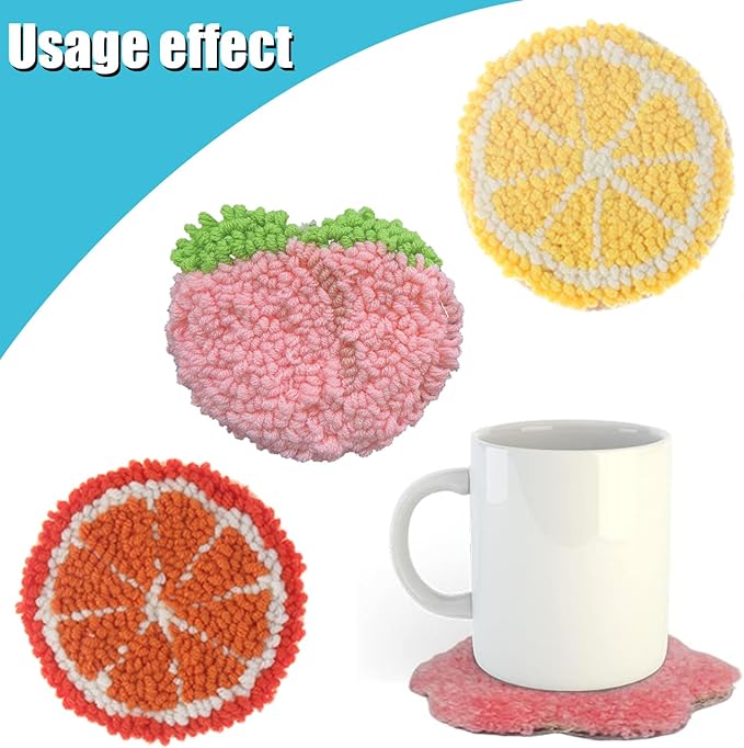 Allazone Punch Needle Kits, Punch Needle Coasters Kit, Punch Embroidery Kit with Felt Yarns Hoop Tools for DIY Coaster Crafts (Fruits)