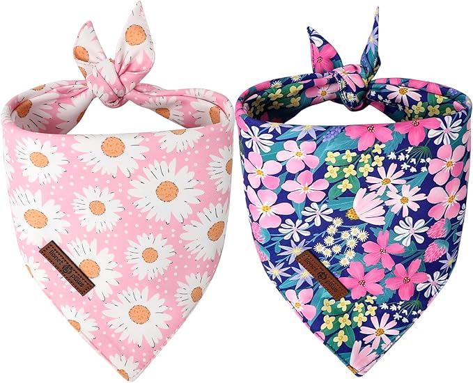 Lionet Paws Summer Floral 2pcs Dog Bandanas, Pink Daisy Dog Scarf Bib Premium Fabric, Blue Blossoms Bandanas for Small Medium Dogs Pets