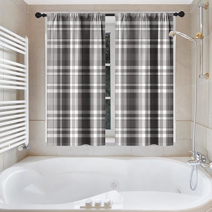 Culudea Grid Gray White Plaid Shower Curtain Set, Geometric Farmhouse Bathroom Window Waterproof Waffle Textured Cloth Shower Curtains for Bathroom Decor