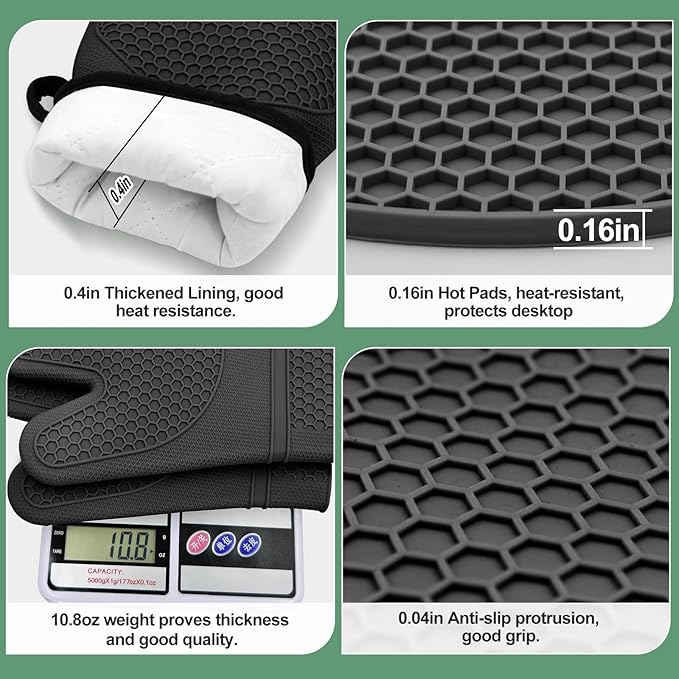 Silicone Oven Mitts and Pot Holders Sets 3PCS for Kitchen, Oven Gloves Heat Resistant 500°F, Non-Slip Silicone Potholder 7.1”, Thick Oven Mitts & Thick Hot Pads Protection for Cooking, Black