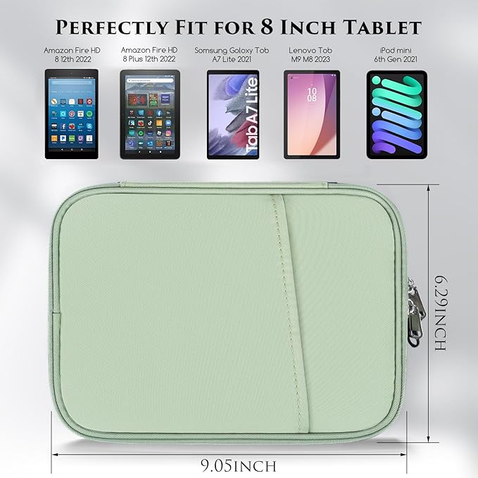8-9 Inch Tablet Carrying Sleeve Bag Case for Samsung Galaxy Tab A9 8.7" /Tab A7 Lite 8.7" /Tab A 8" & Amazon Kindle Fire 8/Fire 8 Plus 8" & iPad mini 7 6 5 4 3 2 1 8.3" 7.9" & Lenovo Tab M9 M8(Green)