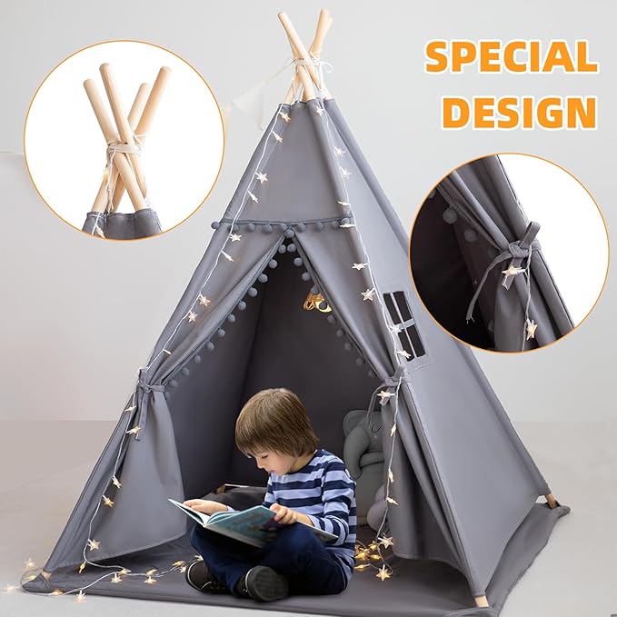 RONGFA Teepee Tent for Kids with Mat, Star Lights, Carry Case, Cotton Canvas Playhouse, Foldable Tents, Portable Children Play Tent Indoor Outdoor(Grey)