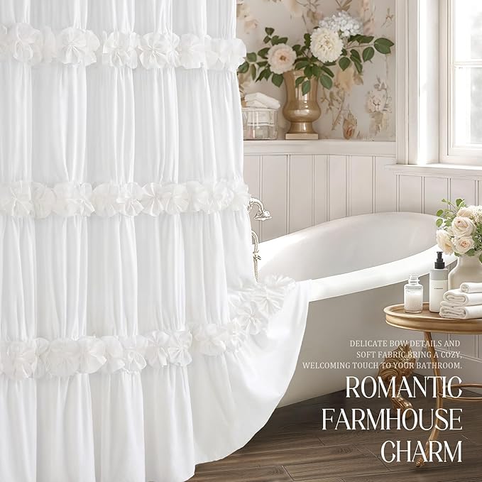 XOGUIBO Ruffle Shower Curtain with Handmade Bow Tie,Vintage Farmhouse Shower Curtain for Bathroom, Cotton White,72" W x 72" H