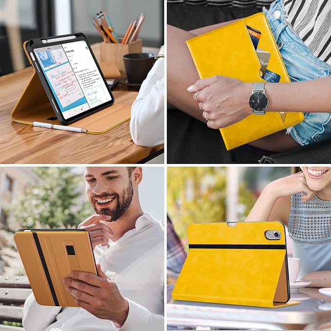 DTTO for iPad (A16) 11th Generation Case 11 Inch 2025, iPad 10th Generation Case 10.9 Inch 2022, Premium Leather Business Folio Stand Cover with Pencil Holder - Auto Wake/Sleep, Yellow
