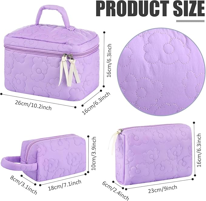 Paterr Makeup Bag Set 3 Pcs Large Quilted Cotton Make up Bags for Women Cosmetic Travel Toiletry Organizer Pouch Cute Aesthetic Storage Purse(Purple,Purple Flower)