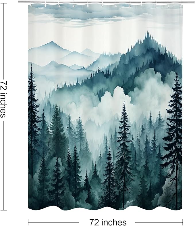 Litabel Peacock Blue Misty Pine Forest Shower Curtain, Mountain Foggy Woodland Scenery Tree Shower Curtains for Chic Rustic Bathroom, Abstract Modern Waterproof Nature-Themed Decor, 72x72 Inches