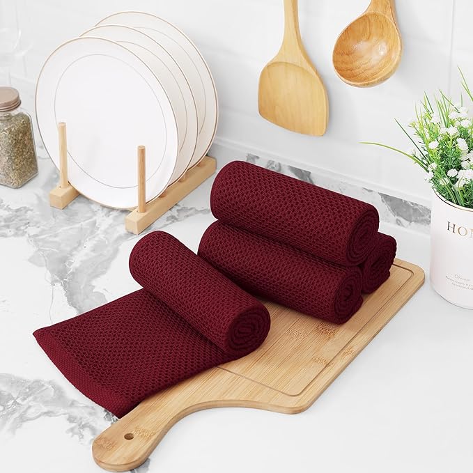 Kitinjoy 100% Cotton Waffle Weave Kitchen Towels, 4-Pack Super Soft and Absorbent Dish Towels for Drying Dishes, Kitchen Hand Towels, 13 in x 28 in, Burgundy