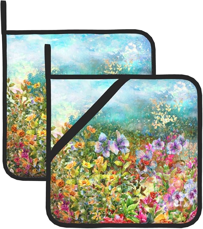 2PCS Fancy Flowers Pot Holders Set for Kitchen, Printed Colorful Potholders with Great Heat Resistance, Hot Pads, Trivets for Cooking and Baking 8x8