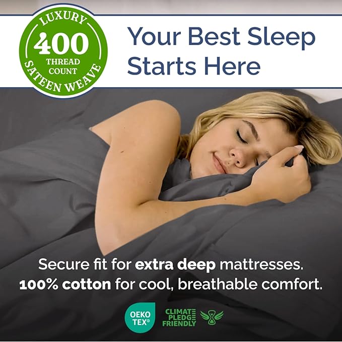 Extra Deep Pockets 400 Thread Count 100% Cotton 4 Piece King Size Bedding Sheet Set - Breathable & Cooling - Hotel Luxury Bed Sheets Set - Extra Soft, Wrinkle Free & Comfy Dark grey Bedding Sheet Set