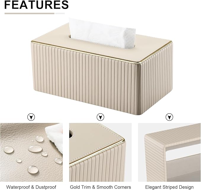 KINGFOM Rectangular Tissue Box Cover, PU Leather Tissue Box Holder with Magnetic Bottom, Napkin & Facial Tissue Holder Dispenser Decorative Box Cover for 120-count (3-Ply) 160-count (2-Ply) Beige