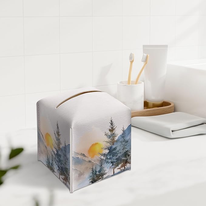 Winter Pine Tree Tissue Box Holder, Winter Forest Landscape Leather Tissue Box Cover Square with Bottom Belt, Paper Facial Decorative Tissues Cover for Bathroom Kitchen Office Home Decor-B24