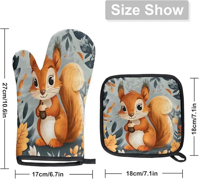 Squirrel Fall Oven Mitts and Pot Holders Sets, 2 Pcs Decorative Kitchen Oven Glove for Cooking