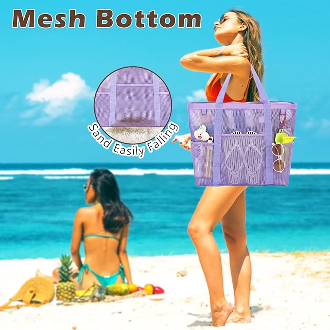 Fammart Mesh Beach Bag, Large Beach Tote Bags with Zipper, Toys Pool Bag for Family Travel Vacation Cruise Essentials