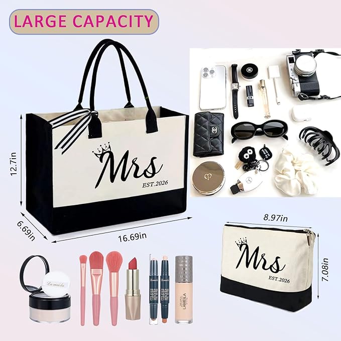 KDBDSYZB Mrs 2026 Bride Canvas Tote Bag, Gifts for Wedding BridalShower, mrs 2026 bag with Makeup Bag，Bachelorette Party, Bride to be Gifts, Miss to Mrs Bag,Christmas Personalized Bridesmaid Gift
