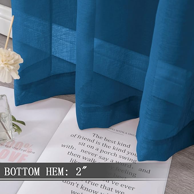 Tollpiz Sheer Curtains Linen Textured Bedroom Curtain Sheers Light Filtering Rod Pocket Voile Curtains for Living Room, 54 x 63 inches Long, Classic Blue, Set of 2 Panels