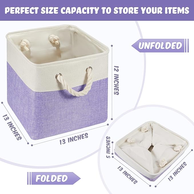 Geiserailie 6 Pcs 13 x 13 Inch Cube Storage Bins Fabric Storage Organizer Bins Foldable Cube Baskets with Sturdy Carry Handles Wicker Baskets for Home (Purple)