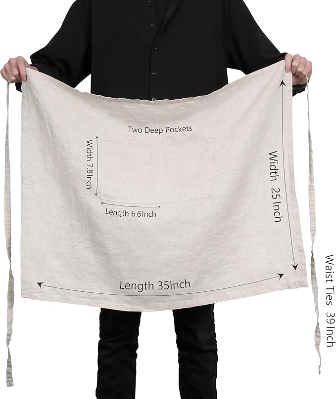 Pure Linen Bistro Half Apron - 25 x 35 Inch Unisex Waist Aprons with Large Pocket Ideal for Kitchen Crafts and More
