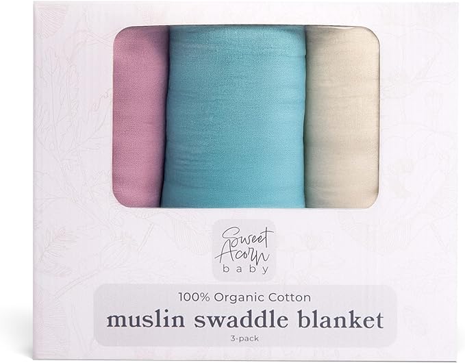 Sweet Acorn Muslin Swaddle Blanket – Soft Cotton Muslin Baby Blanket for Newborns, Infants, and Toddlers, All-Season Comfort Baby Essential - Purple, Teal, White