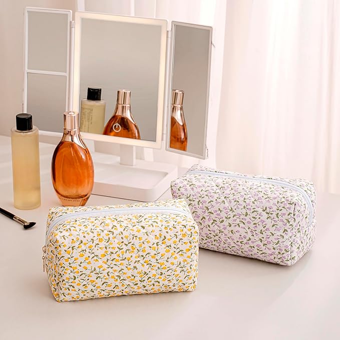 Gleyemor Small Quilted Makeup Bag for Women, Cute Floral Bow Cosmetic Bag, Emergency Bag Travel Toiletry Cotton Pouch Gifts for Girls Her Mom Friend Sister Bridesmaid (Yellow Small Flower)