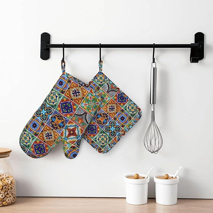 Silicone Oven Mitts and Pot Holders Sets, Home Talavera Mexican Tiles Heat Resistant BBQ Gloves for Kitchen Baking Cooking Grilling Microwave