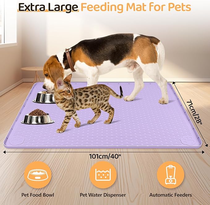 Bartuke Dog Food Mat, Extra Large 40" x 28" Silicone Pet Feeding Mat with Raised Edge Pet Placemat for Small, Medium, and Large Pets Non-Slip, Easy to Clean (Purple)