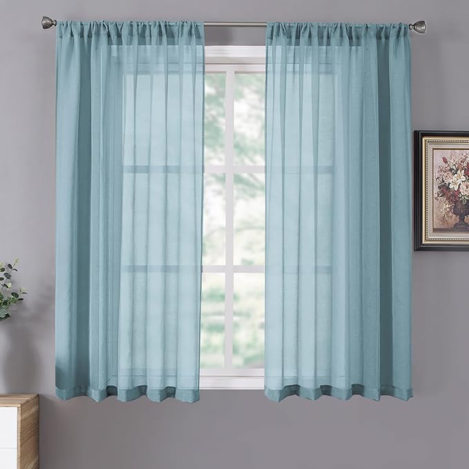 Tollpiz Short Sheer Curtains Linen Textured Living Room Curtain Sheers Light Filtering Rod Pocket Voile Curtains for Bedroom, 42 x 45 inches Long, Dusty Blue, Set of 2 Panels