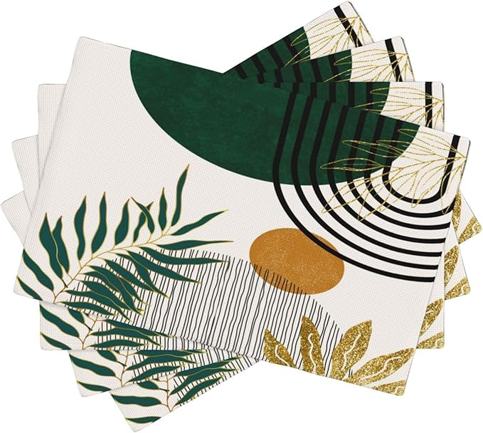 Boho Placemats, Modern Minimalist Art Abstract Geometric Sun Plant Print Washable Fabric Placemats Table Kitchen Dining Party 12x18 Inch Set of 4