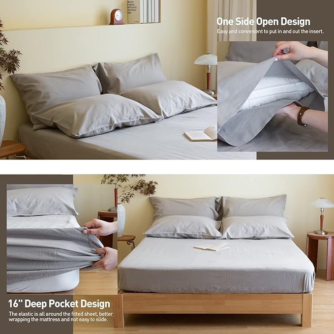 Simple&Opulence Belgian Linen Sheet Set Solid Color - 6 Pieces (1 Flat Sheet & 1 Fitted Sheet & 4 Pillowcases) 16" Deep Pocket Natural Flax Cotton Blended Soft Bedding - Grey, King Size