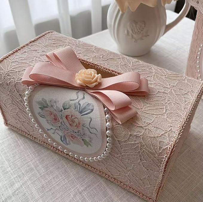 Tissue Cover Holder Fabric Art Cute Tissue Box Cover Dispenser Napkin Organizer for Bathroom Bedroom Office and Car (A-Pink)