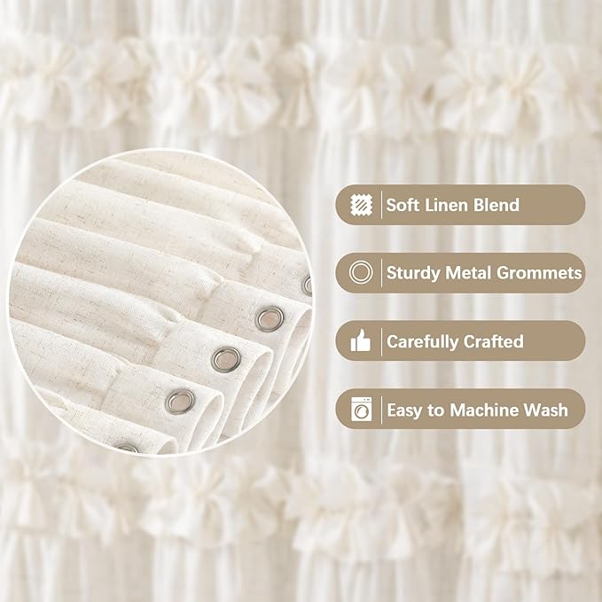 XOGUIBO Ruffle Shower Curtain with Bow Vintage Farmhouse Linen Shower Curtain for Bathroom, Cream, 72" W x 78" H