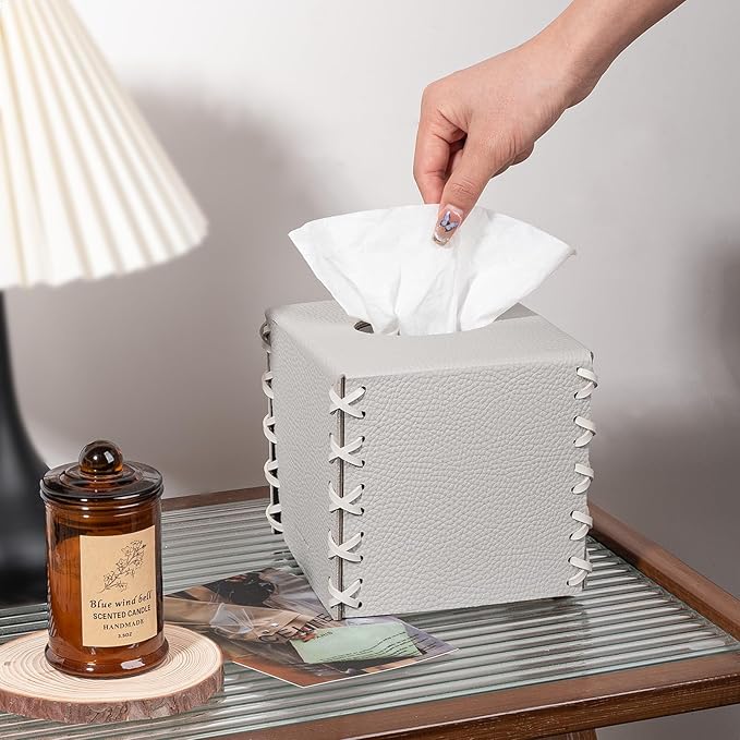 Tissue Box Cover PU Leather Tissue Holder Square Decorative Home Decor Cube Boxes for Bathroom, Kitchen, Nightstand, Office Desk Essentials, Light Gray