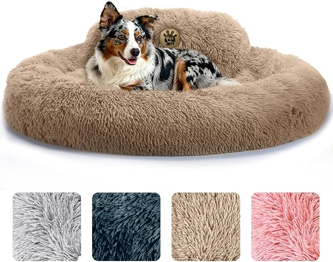 PetJett Calming Large Dog Bed - 36'' Donut Dog Beds, Anti-Slip & Washable Large Round Bed, Fluffy Faux Fur Pet Bed, Super Soft Anti-Anxiety Premium Comfort Bed, Fits Dogs up to 80 lbs - Beige
