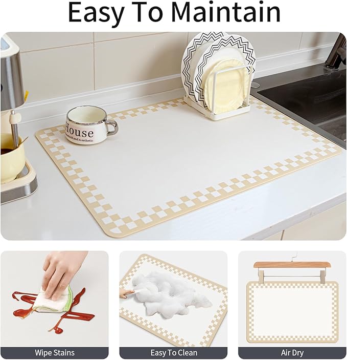 2PCS Coffee Bar Mat for Countertop Super Absorbent Hide Stain Cuttable Dish Drying Mat for Kitchen Counter,Beige White