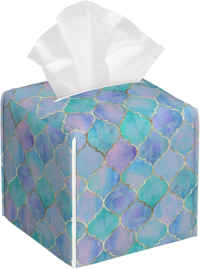 POIUBLE Tissue Box Holder Teal and Purple Moroccan Quatrefoil Tissue Box Cover Square Leather Tissue Holder Organizer Portable Decorative Facial Paper Case for Home Office Bathroom Vanity Countertop