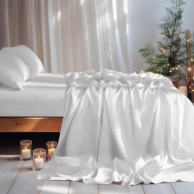 LBRO2M 100% Linen Sheet Set King Size, Bed Sheets 4 Piece Sets, Solid Color Natural Flax Bed Sheets Soft Breathable Bedding, 16" Deep Pocket, All Season (King, White)