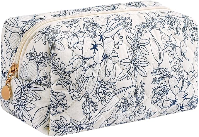 Gleyemor Small Quilted Makeup Bag for Women, Cute Floral Bow Cosmetic Bag, Emergency Bag Travel Toiletry Cotton Pouch Gifts for Girls Her Mom Friend Sister Bridesmaid (Navy Floral)