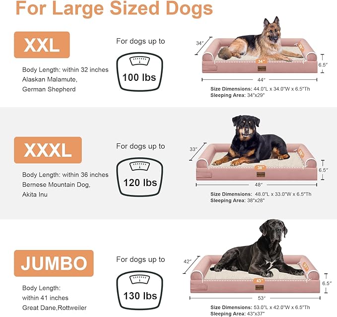 Large Dog Bed Orthopedic Washable: Jumbo Dog Bed Bolster Extra Large Dogs Egg Crate Foam Sofa Couch Waterproof Removable Cover - Pink