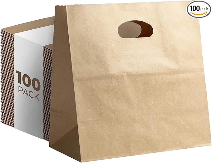 Natural Brown Kraft Paper Bags with Reinforced Handles 11" x 6" x 11" - Sturdy Die Cut Tote Bag for Baby Shower, Gift, Food Service, Shopping, Small Business, Takeout, Bakery, Restaurants -100 Pack