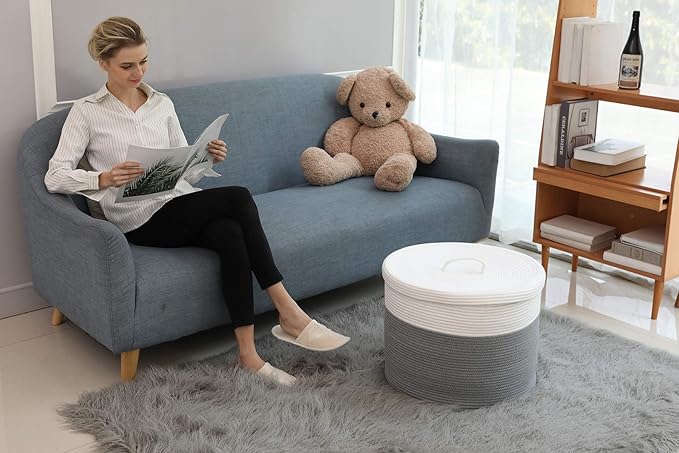 20" x 20" x 15" Extra Large Storage Basket with Lid, Cotton Rope Storage Baskets, Laundry Hamper, Cloth Bin, for Clothes Towels Blankets Pillows Storage in Living Room, Large Basket Grey with Cover