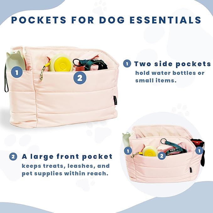 STRAODTIC Lightweight Dog Purse Carrier for Small Dogs Under 15 lbs, Puffy Quilted Pet Carrier Tote for Puppies with Safety Leash Clip, Women's Hands-Free Dog Carrier Bag for Travel/Shopping (Pink)