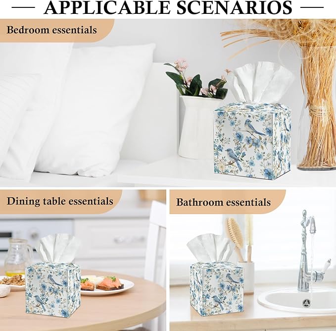 Blue Bird and Flower Tissue Box Covers Square, Leather Tissue Box Holders Decorative for Car Nightstand Home Office Bathroom Organizer, Square Facial Paper Organizer Home Decor -012