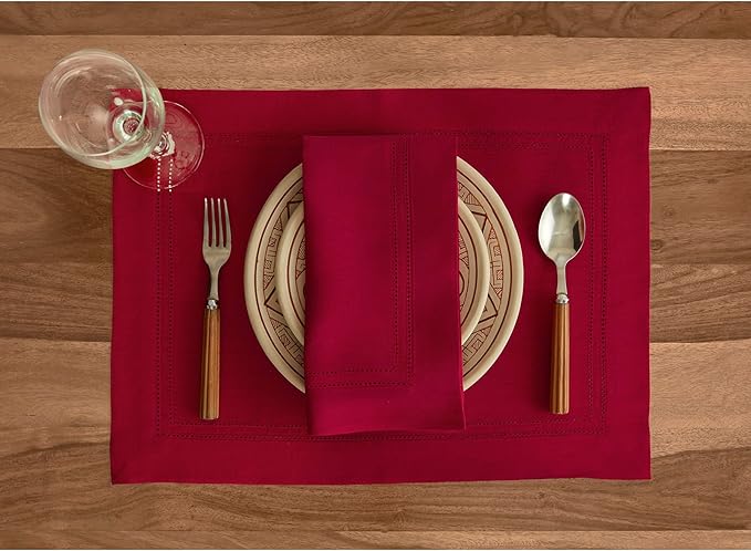 Solino Home Red Linen Napkins Set of 4-100% Pure Linen Double Hemstitch Dinner Napkins 20 x 20 Inch - Handcrafted and Machine Washable - Valentines, Winter