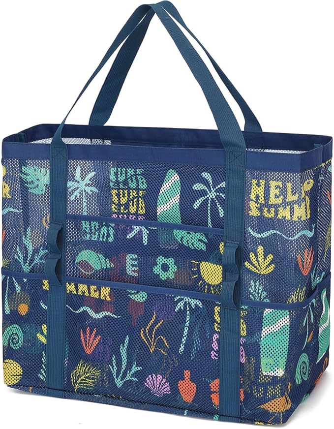 Fammart Mesh Beach Bag, Large Beach Tote with Zipper Pocket for Family Pool Bag for Toys & Vacation Essentials