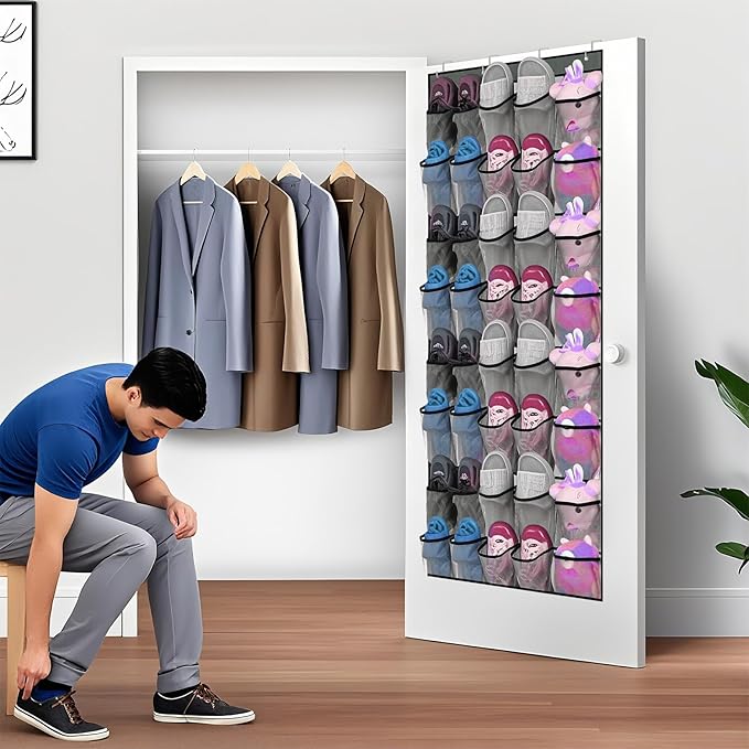 Hualleko 40-Pocket Over the Door Shoe Organizer - Large Mesh Pocket Hanging Shoe Organizer,Behind the Door Shoes Storage Holder Hanger,Large Capacity Design for Dorm Room College,Store 20 Pairs(Grey)