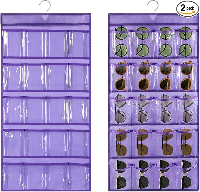 TEMUORG 2 Pcs Sunglasses Organizer Storage Sunglass Holder for Wall Hanging Eyeglass Organizer for Multiple Glasses with 40 Clear Slots (PURPLE)