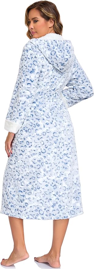 RONGTAI Womens Plush Fleece Hooded Bathrobe, Thick Nightgown Long Robe Sleepwear with Two Side Pockets and Belt