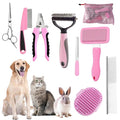 KUEIOX Dog Brush for Shedding,9 PCS in One Pet Slicker Hair Brush Kit with Pet Nail Clipper and File - Dog Cat Grooming Deshedding Undercoat Rake Brush Comb for All Small Large Dogs Cats Pink