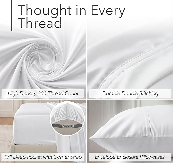 DECOLURE 100% Viscose Derived from Bamboo Sheets Twin Size - Luxury 4 Pc Naturally Cooling Sheets, Ultra Soft Bed Set - Deep 17" Pockets, Durable Double Stitching, Oeko Tex Standard (White)
