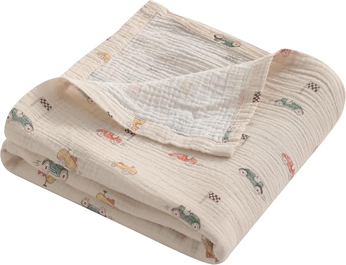 NTBAY 2 Layer Muslin Cotton Baby Swaddle Blanket, 30x40 Soft and Breathable Receiving for Newborns and Infants, Perfect for Crib, Stroller, Travel, Lightweight Nursery Blanket, Retro Race Car